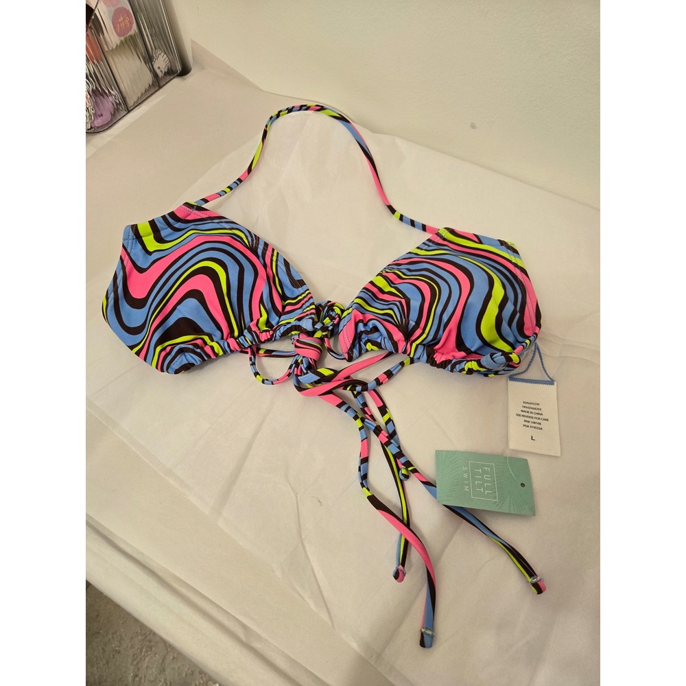 Full Tilt Swim Blue Pink Neon Swirl‎ Halter Bikini Top Size L